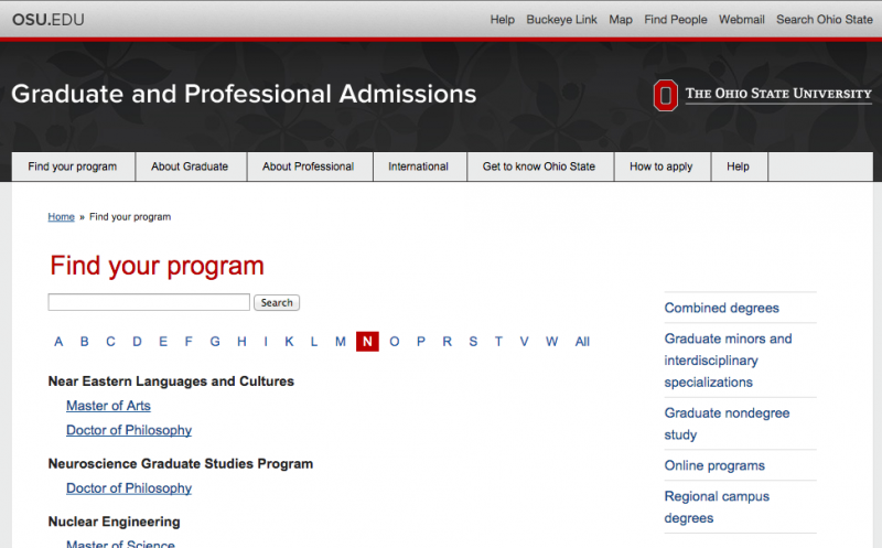 Graduate Admission Find your Program Page